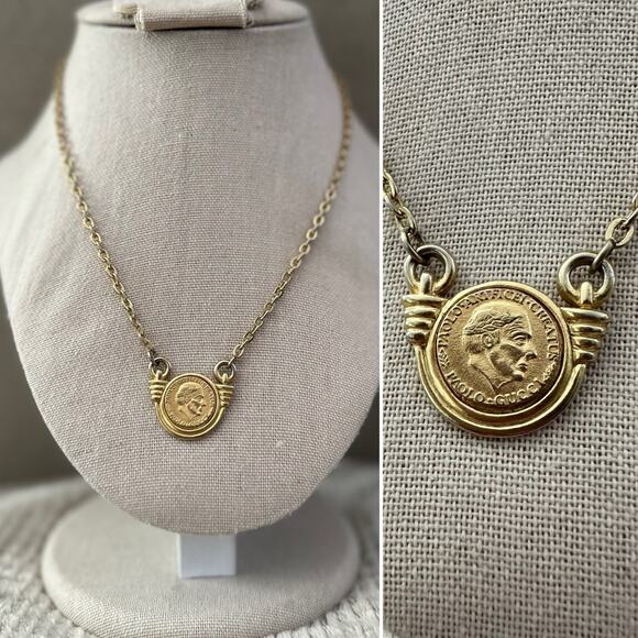Gucci Jewelry - Vintage Paolo Gucci Branded Coin Pendant Gold Tone Necklace